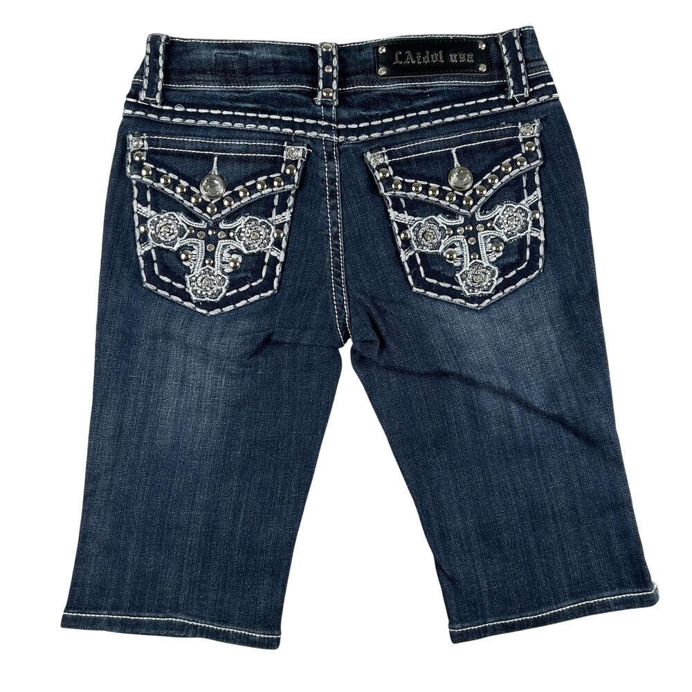 LA Idol Bermuda Shorts Womens 29x12 Blue Denim Rhinestone Studded Pockets New